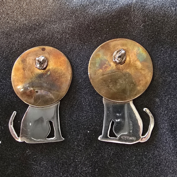 Sterling Silver Coyote Howling At Copper Moon, Vintage, Handmade Pair - Picture 2 of 3